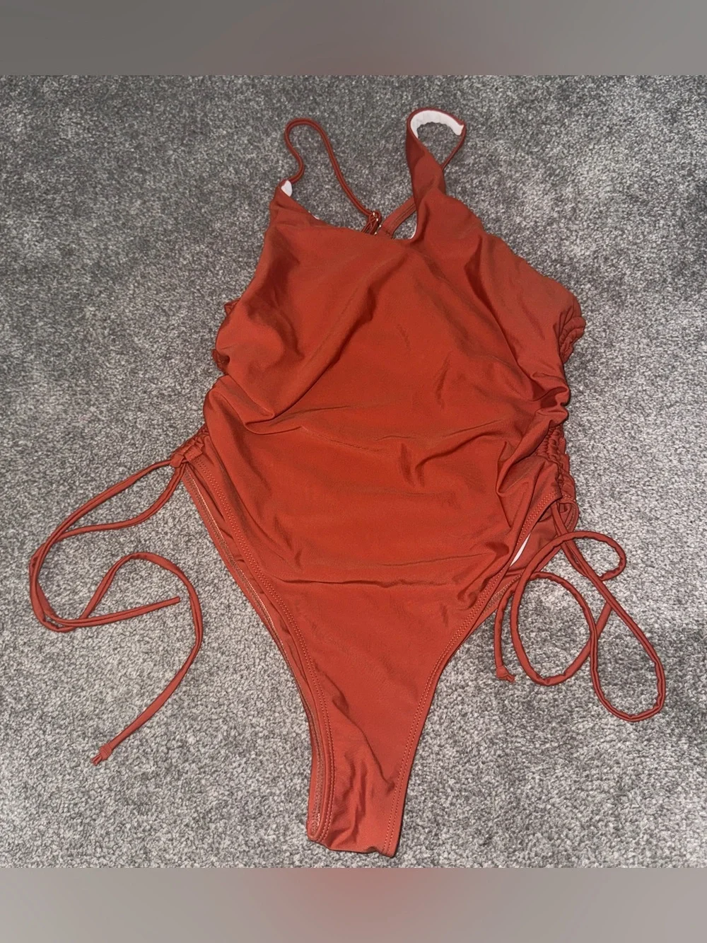 SHEIN Women’s Brown Solid One Piece Swimsuit Stretch Adjustable Straps